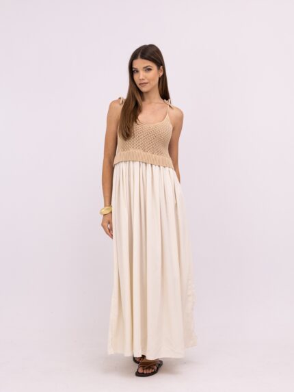 Vestido Longo Bicolor com Busto em Crochet