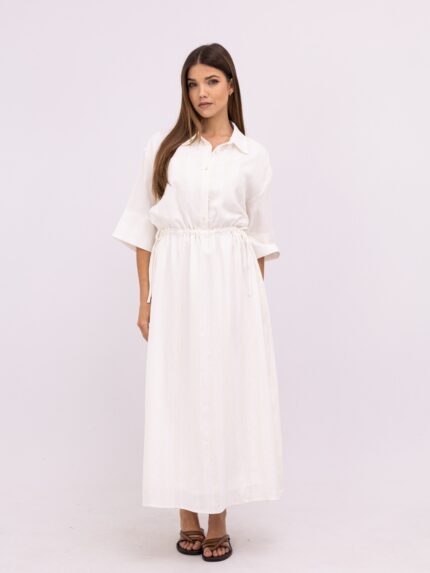 Vestido Midi em Linho com Risca de Giz