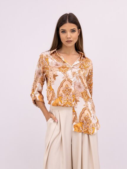 Camisa Acetinada "Retro Bloom" – Tons de Âmbar e Terracota