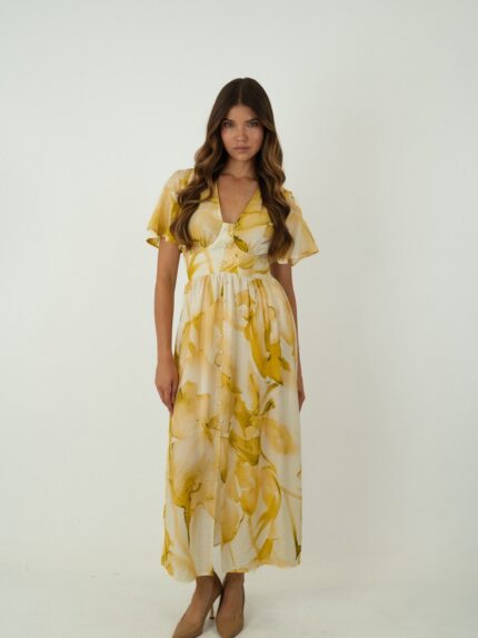 Vestido Midi Fluido com Padrão Aquarela Botânico