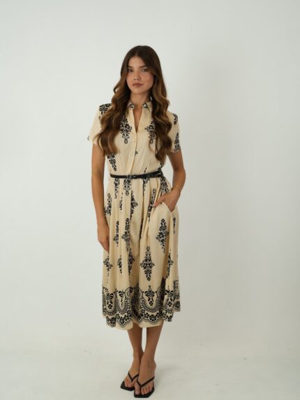 Vestido Chemise Midi com Estampa Arabesco