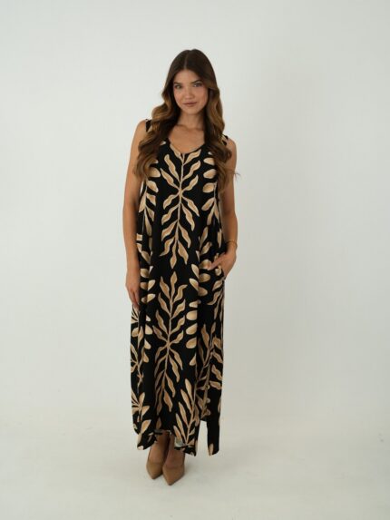 Vestido Longo Fluido com Estampa de Folhagem Tropical