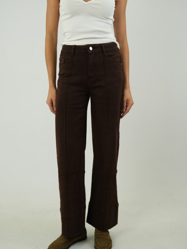 Calças de Ganga Wide Leg com Costura Frontal – Castanho Chocolate