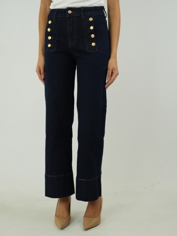Calça de Ganga Wide Leg Marinheiro com Botões Dourados – Azul-Escuro